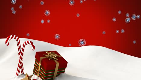 Animation-of-snow-falling-over-candy-canes-and-christmas-present-on-red-background