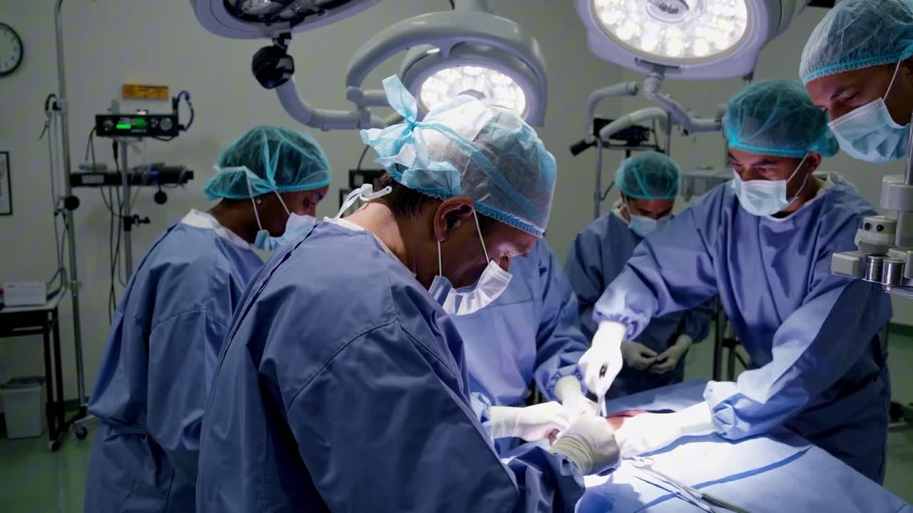 Un video dall'alto riprende chirurghi in camici blu che eseguono un intervento chirurgico in una sala operatoria sterile