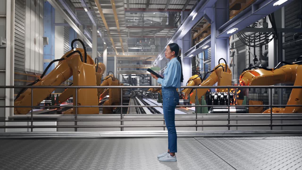 Full Body Side View Of Asian Female With Tablet With Industrial Robotic Arms Working, She Observes By Looking Around Before She Come To Concentrating With Tablet