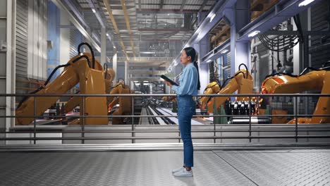 full body side view of asian female with tablet with industrial robotic arms working, she observes by looking around before she come to concentrating with tablet