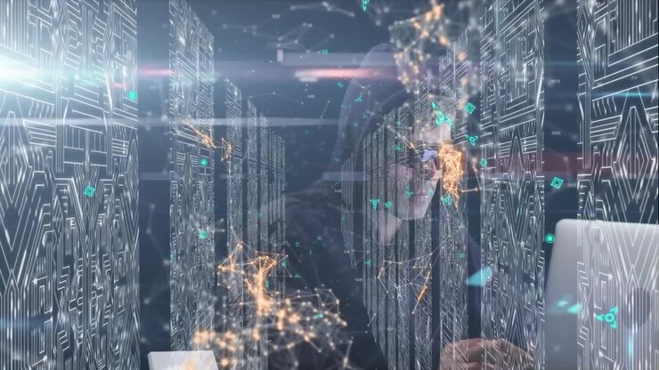 Animation of hooded man hacking computer and data processing