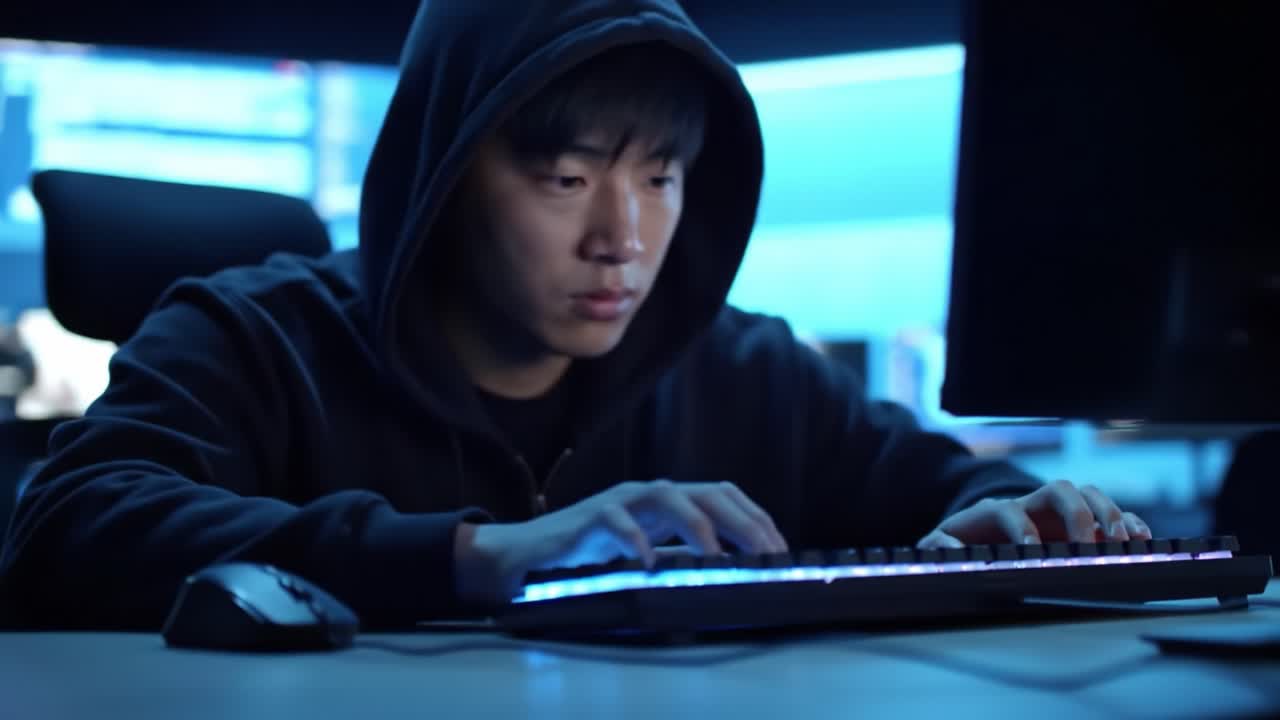 A Concentrated Gamer in a Dark Environment Engaged in Intense Gameplay, Skillfully Navigating Through Digital Challenges on a Sleek Keyboard and Mouse Setup