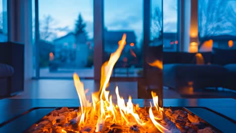 a fire pit sitting on top of a table in a living room