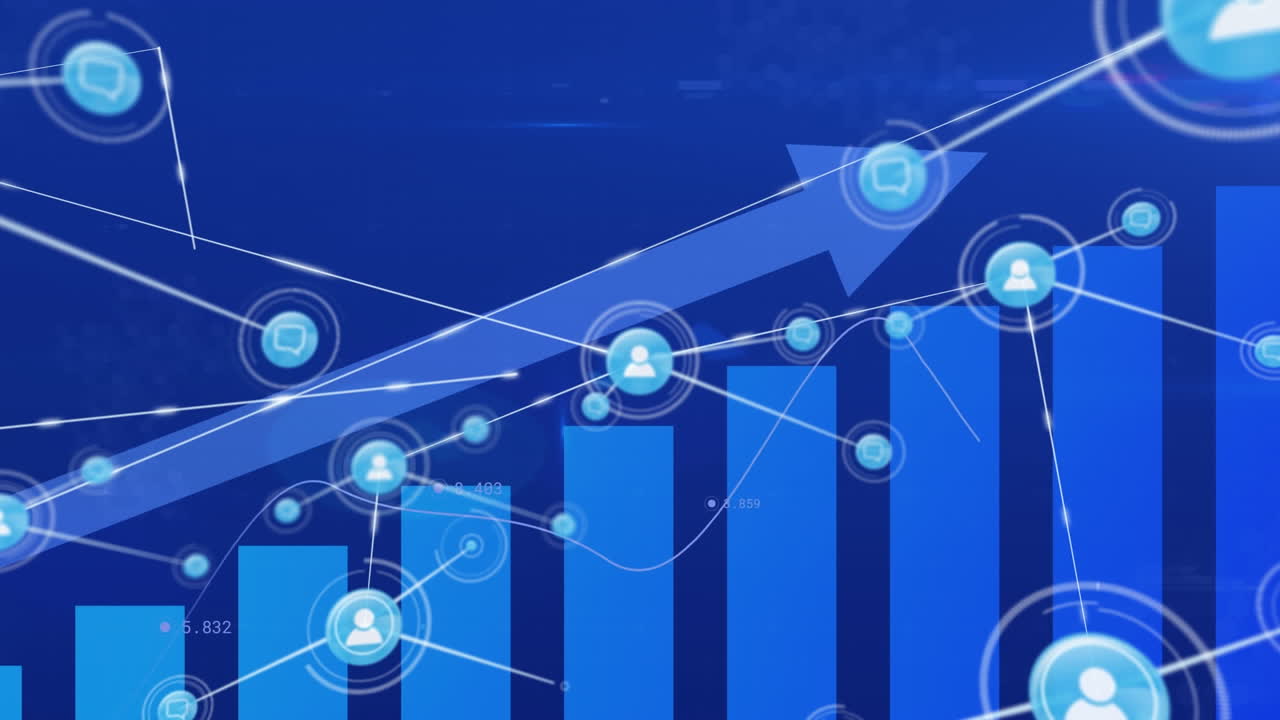animación de la red de iconos digitales y procesamiento de datos estadísticos contra un fondo azul