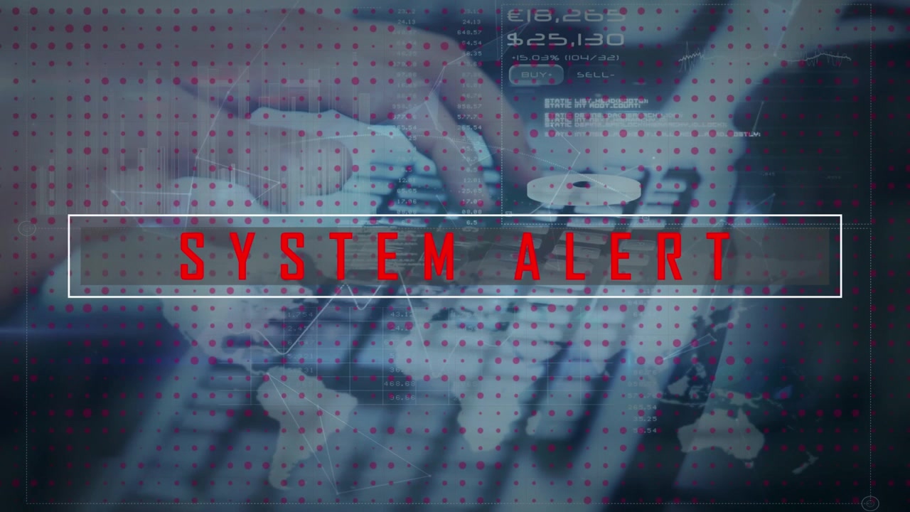 Animation of system alert text and data processing over hands typing on keyboard