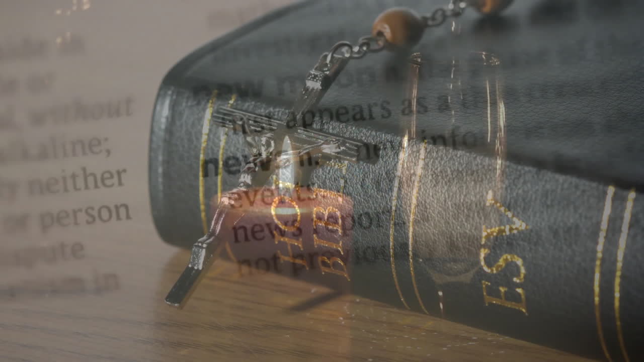 Bible with rosary beads symbolizing faith and scripture, focusing on animation