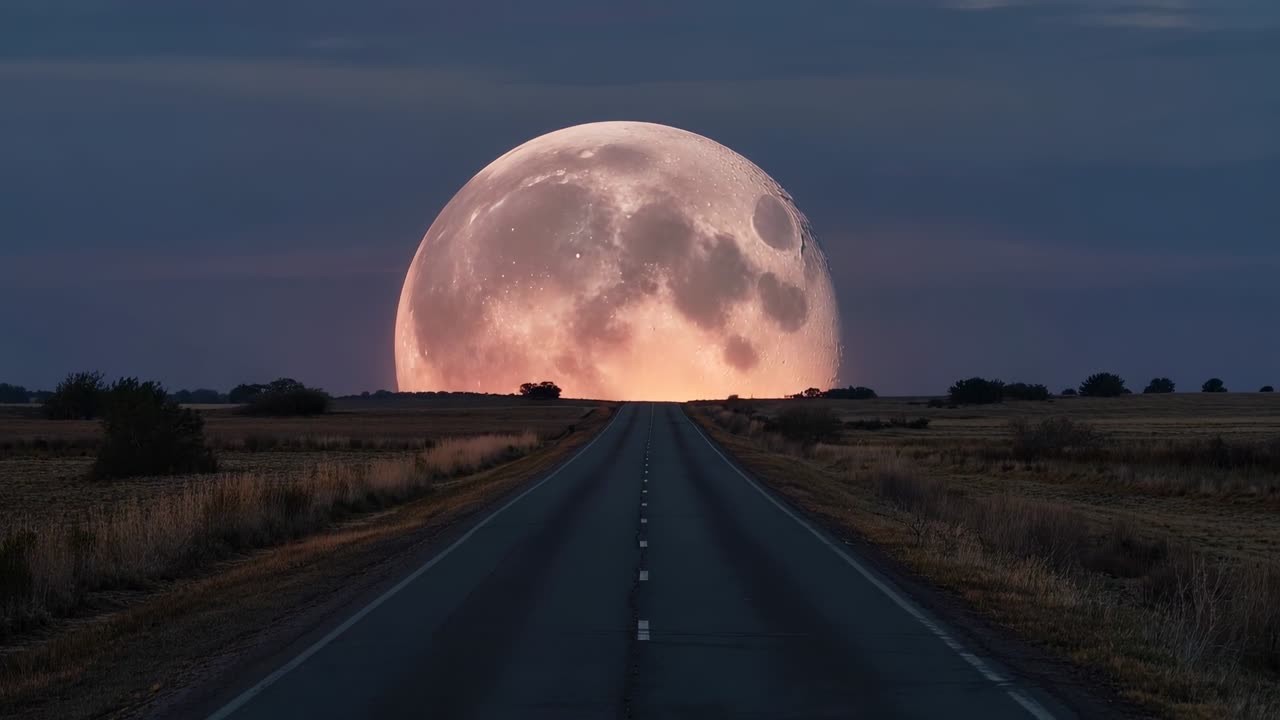 Lua crescente gigante se elevando acima do horizonte enquanto a névoa se dissipa, estrada rural guiando e revelando maria