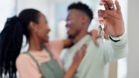 hands, couple and keys in new home for moving