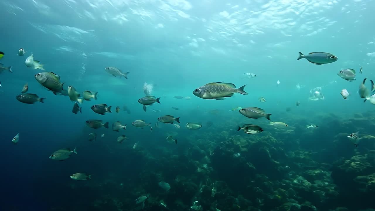 산호초 위 에 수영 하는 물고기 들 의 무리