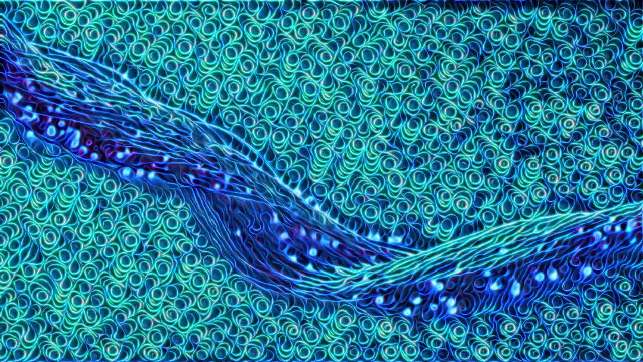 Seamless loop of abstract spiral animation of blue and green moving particles along fiber