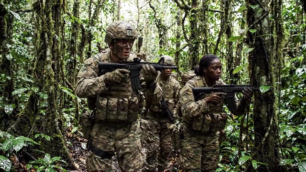 Personale Militare che Naviga Attraverso un Denso Terreno della Giungla, Dimostrando Lavoro di Squadra e Abilità in Condizioni Ambientali Difficili