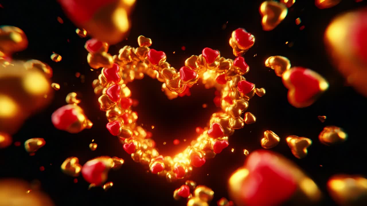 A mesmerizing visual of swirling golden and red hearts gracefully forming and dissolving into a vibrant heart shape, representing love, passion, and romantic emotions in a captivating display of colors and light