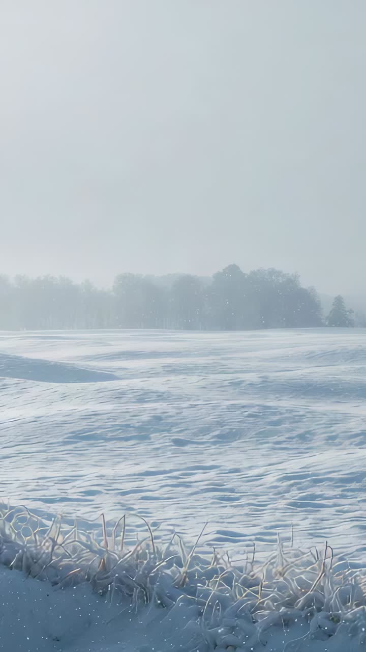 Vertical video: Showing frost-coated grasses and snow field swaying in soft breeze at rural meadow