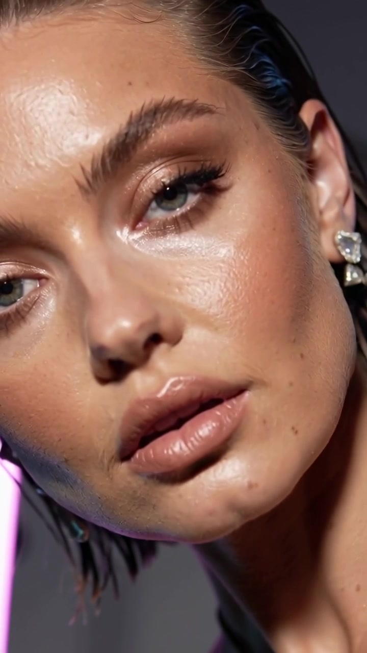 Video verticale: Modella che si tocca il mento, mettendo in mostra orecchini, anello e catena, in uno studio mentre la telecamera riprende.