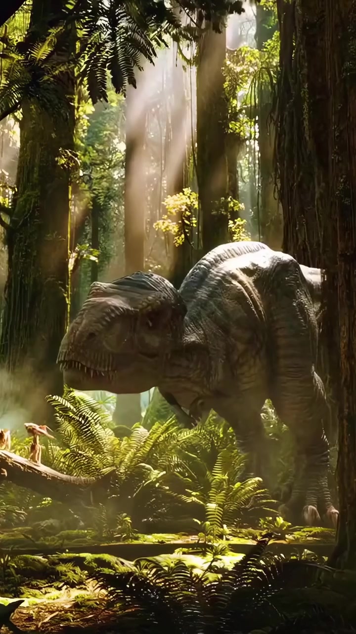 Tirannosauro Rex che vaga in una lussureggiante foresta preistorica