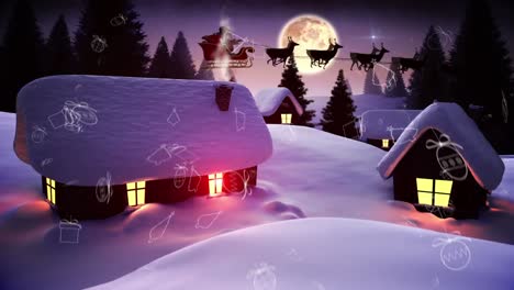 Iconos-Del-Concepto-Navideño-Cayendo-Sobre-Varias-Casas-En-El-Paisaje-Invernal-Contra-El-Cielo-Nocturno