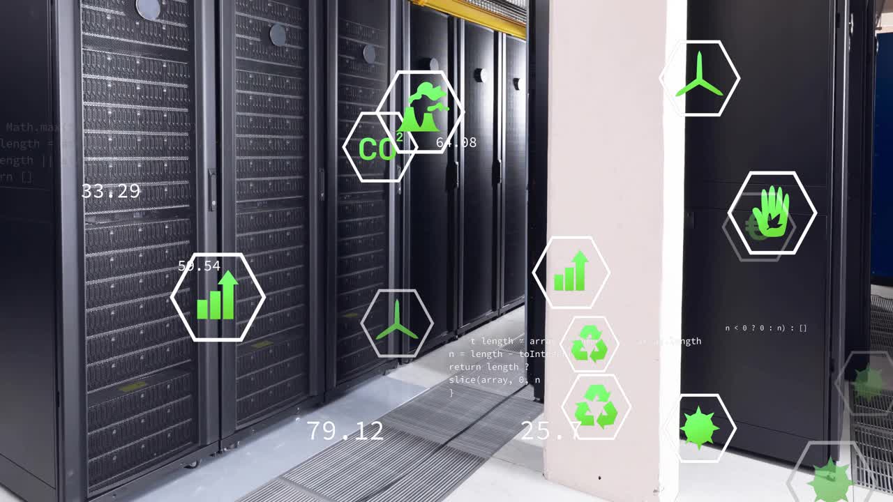 Animation af økoikoner og digital databehandling over computerservere