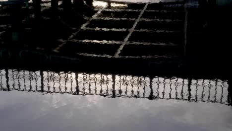 beautiful water reflections of people silhouette walking on river shore promenade, slow motion