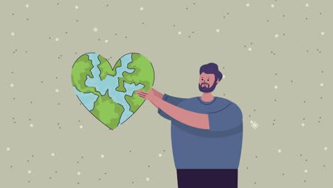 eco friendly animation with man lifting earth hearted