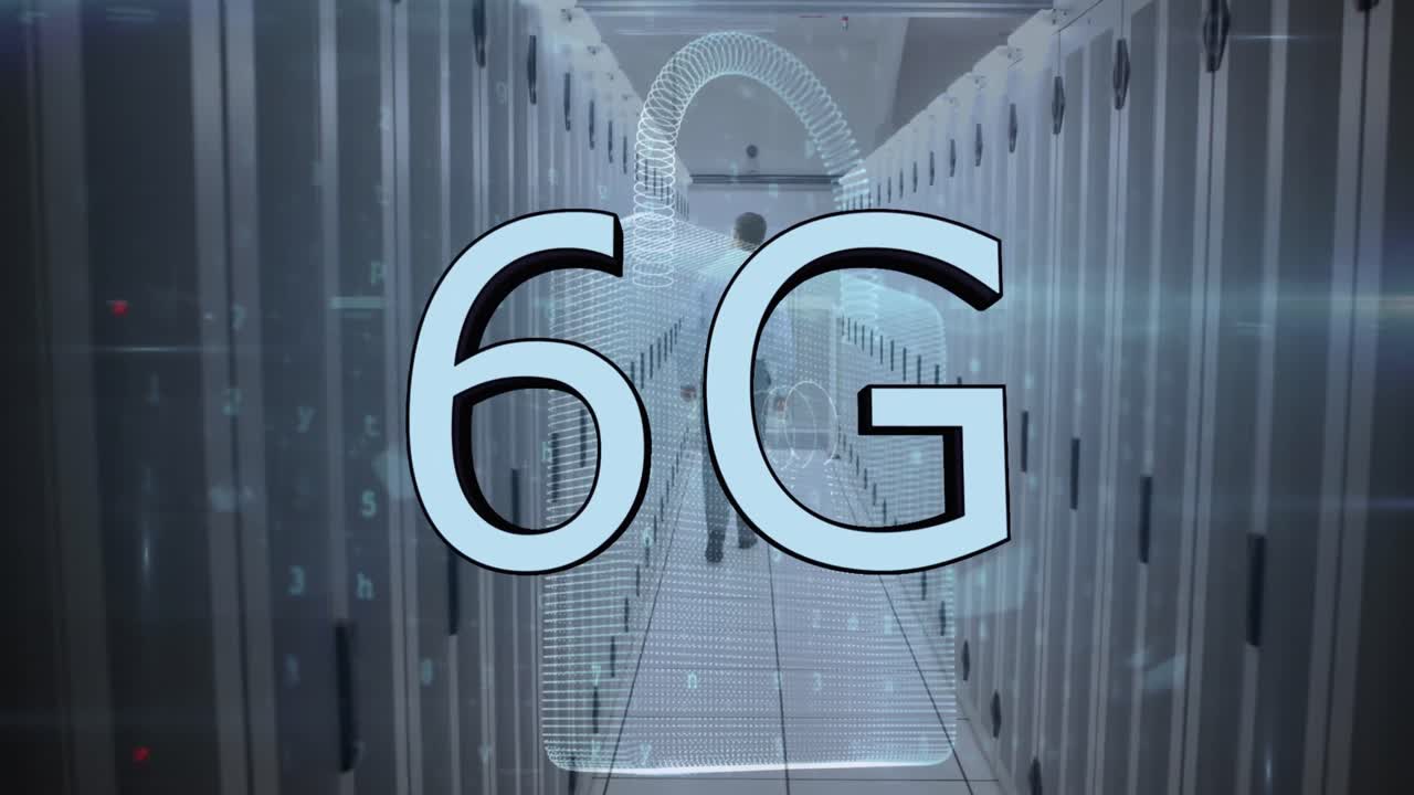 Animation of 6g text, padlock, letters, numbers, symbols, rear view of man walking in server room