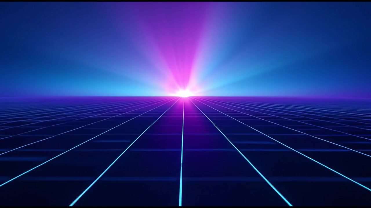 Griglia retro-futuristica con orizzonte di luce al neon in espansione