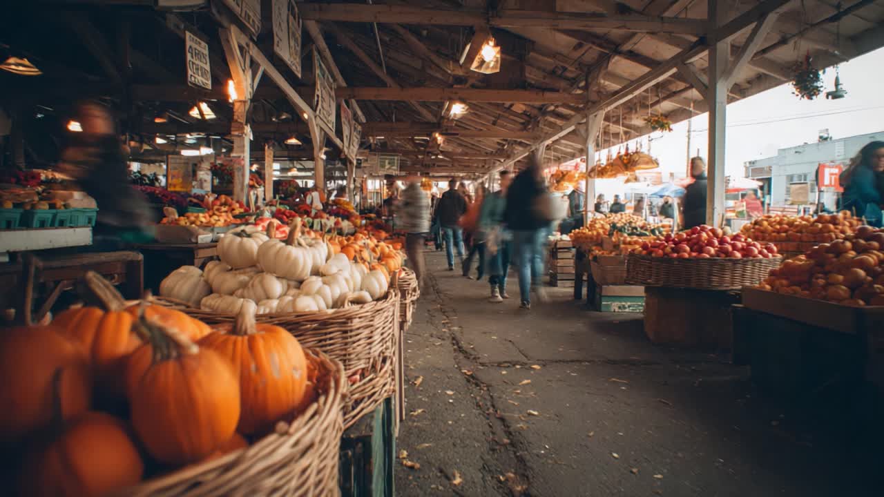 A Bustling Market Scene Filled with Autumn Harvest: Vibrant Colors of Pumpkins and Fresh Produce Under a Cozy Wood-Laden Roof