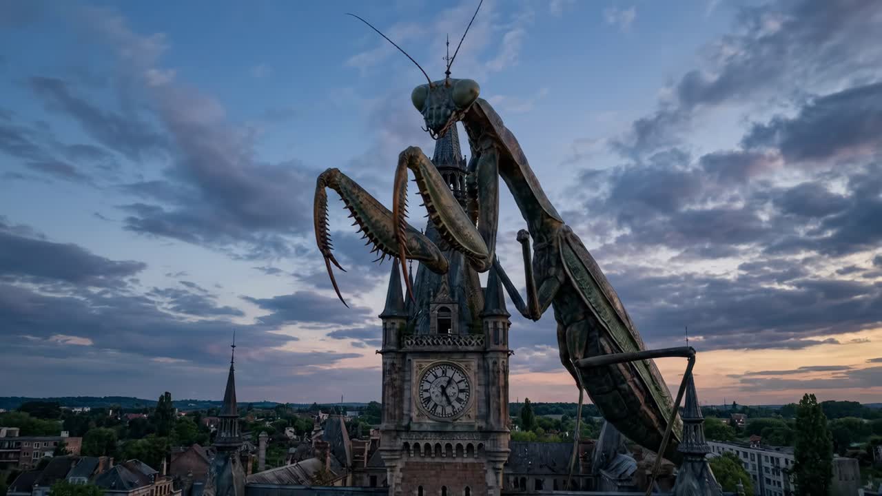 Giant Praying Mantis Sculpture on an Old Clock Tower at Dusk