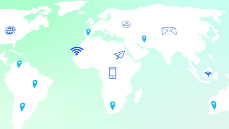 communication icons animation over world map with location markers