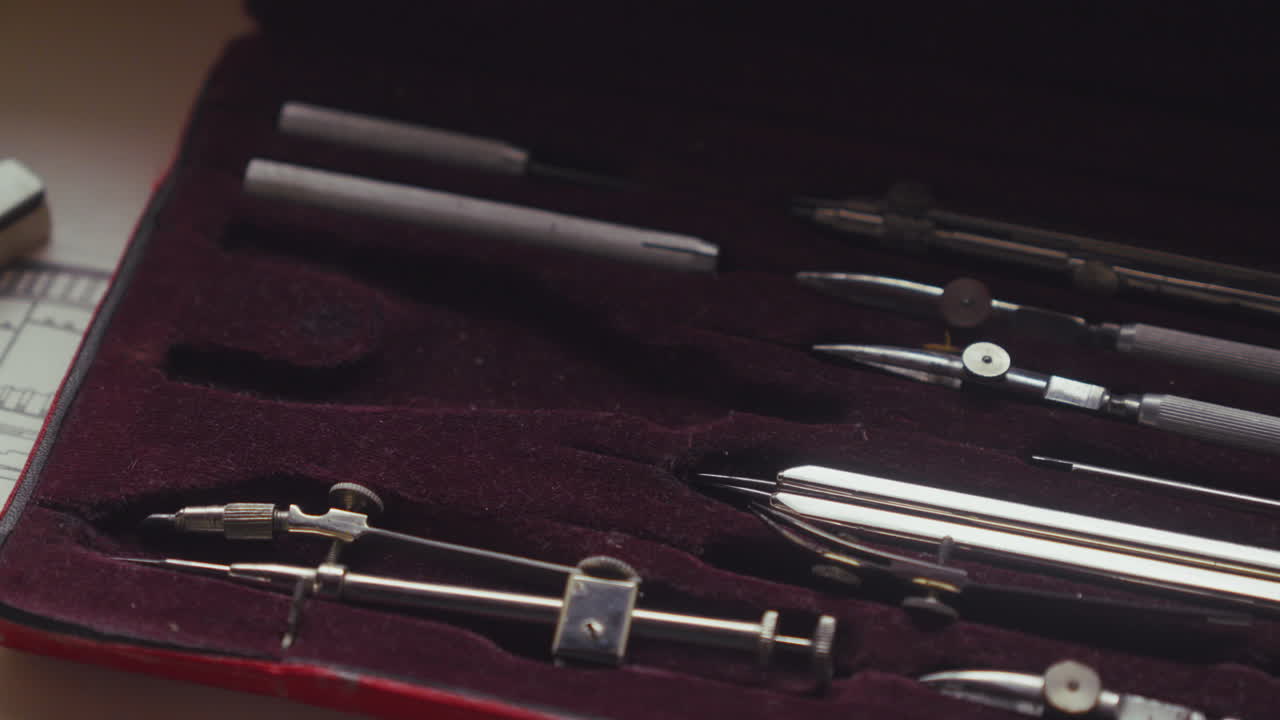 Close-up of a hand removing and returning a compass in a fitted case, emphasizing precision, discipline, and the ritual of technical design work