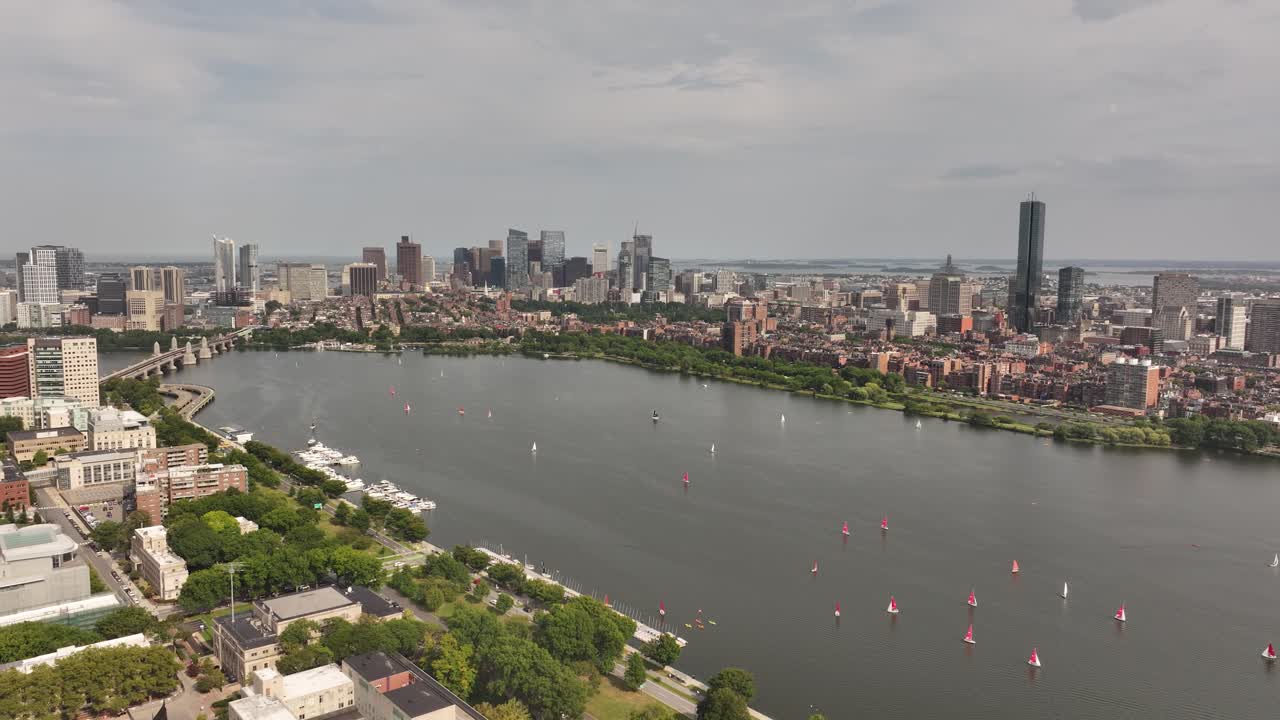 Boston, Massachusetts city skyline aerial drone shot from Cambridge