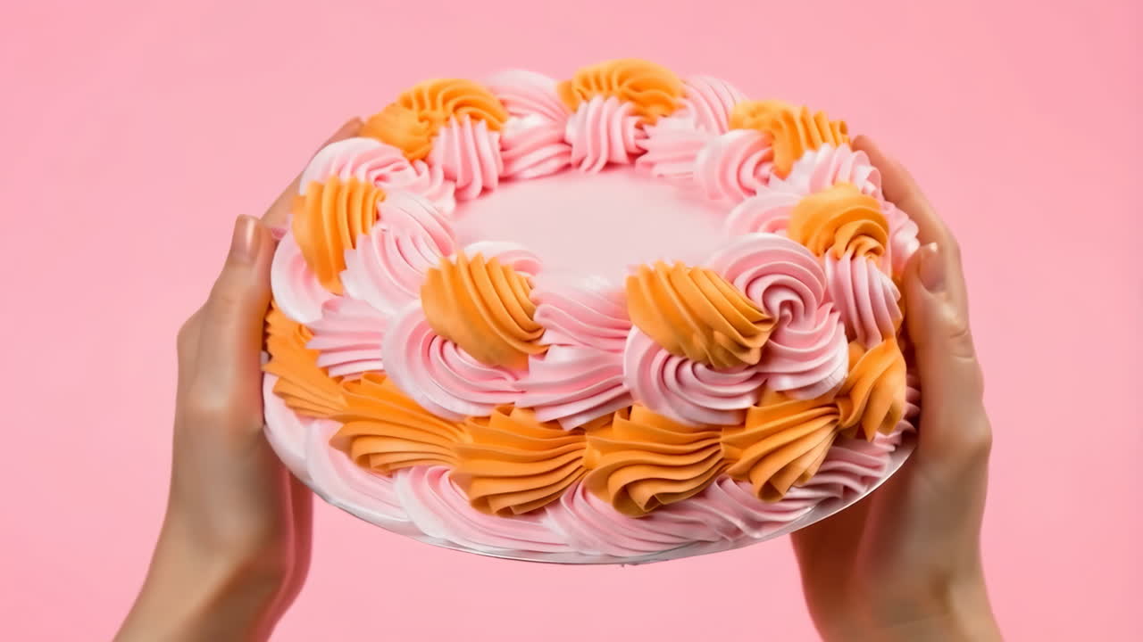 Hands holding a decorative pink and orange frosted cake