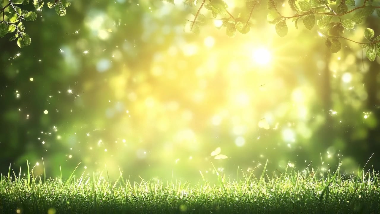 Luz solar brilhante sobre grama verde com borboletas esvoaçantes