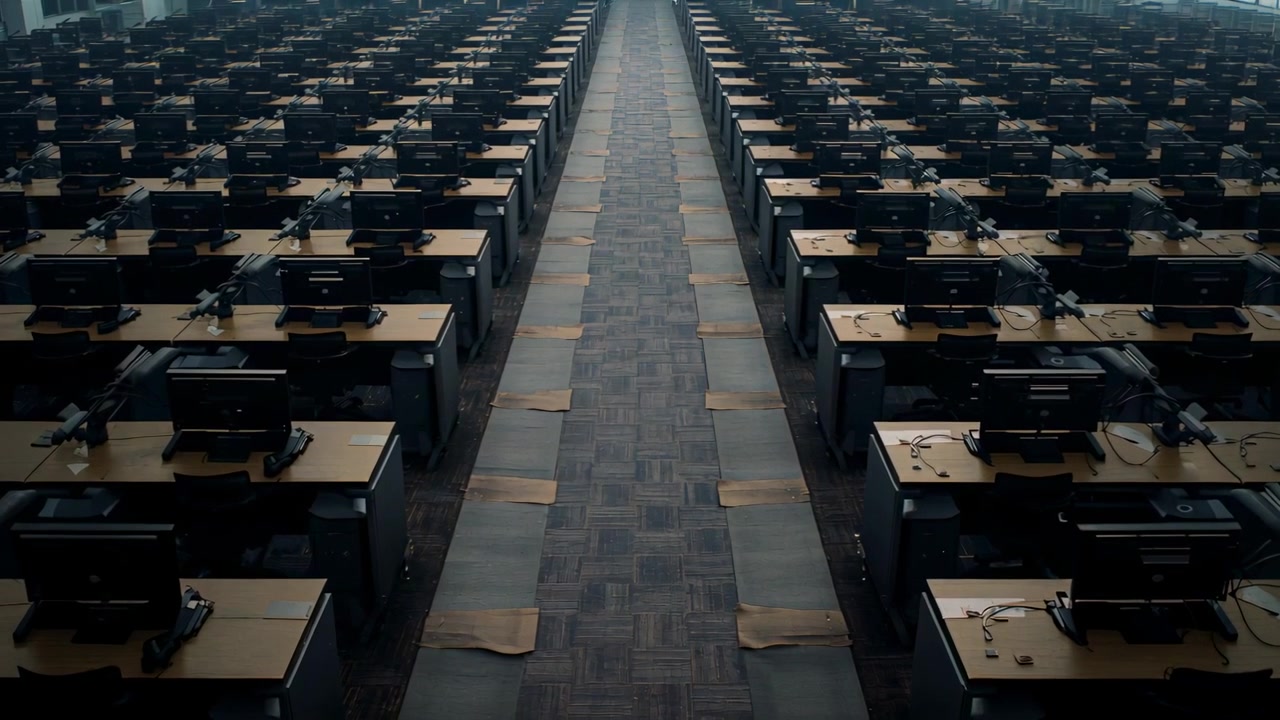 Gliding camera down center aisle in call center, highlighting empty desks with monitors phones