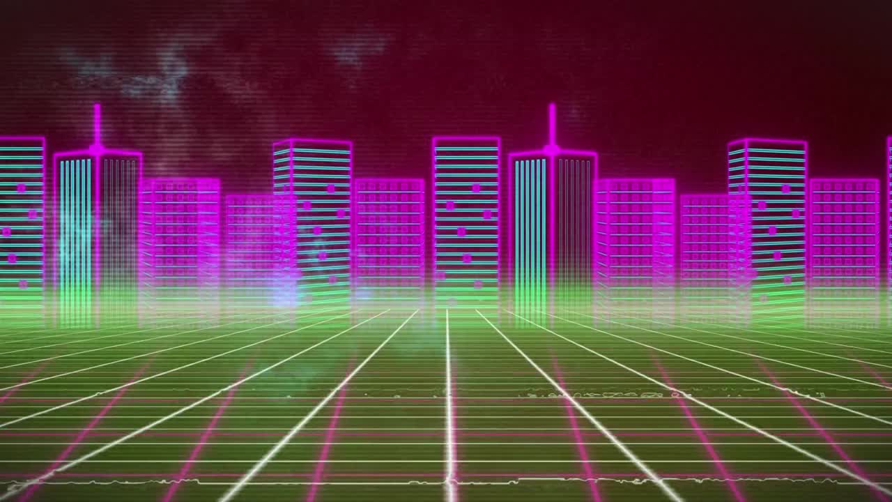 파란색 구름과 움직이는 다채로운 그리드 위에 다채로운 디지털 도시 풍경의 애니메이션