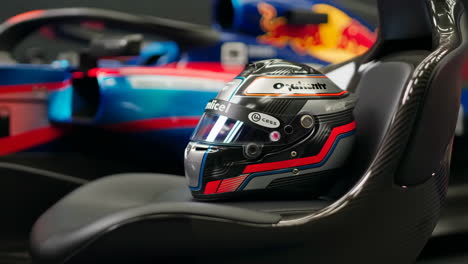 close-up of a racing helmet in a formula 1 car cockpit
