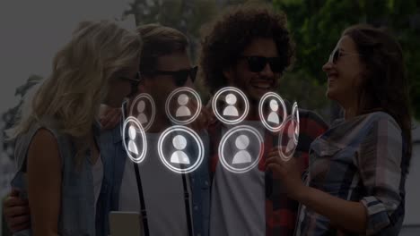 animation of rotating profile icon in circles over diverse friends talking selfie