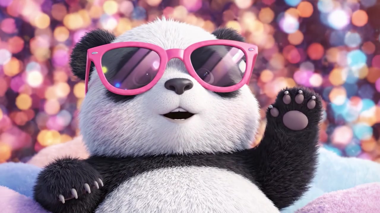 Adorabile panda animato con eleganti occhiali da sole rosa che si rilassa su uno sfondo bokeh vibrante, pieno di scintillii colorati e texture morbide