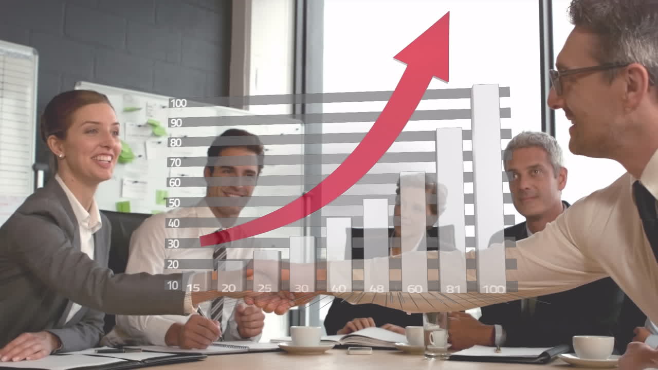 Animation of statistics and financial data processing over business meeting