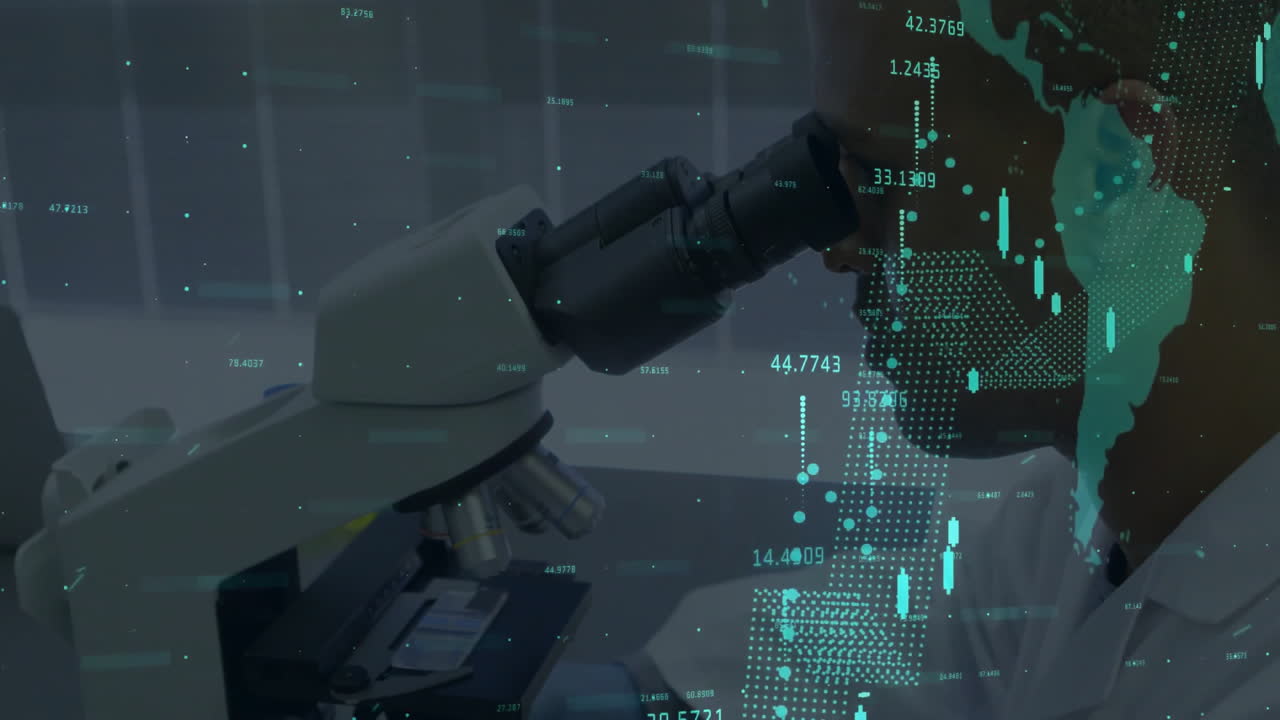 In lab, scientist using microscope, data analysis animation overlaying work scene