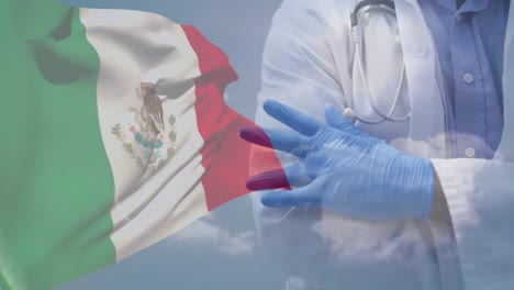 animación de la bandera de méxico sobre una doctora afroamericana