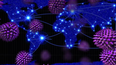 animación del virus de corona púrpura con el mapa del mundo en el fondo