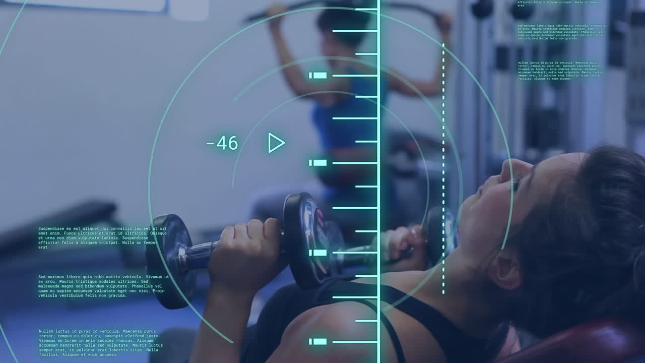 체육관에서 백인 사람들을 대상으로 데이터 처리 및 범위 스캐닝의 애니메이션