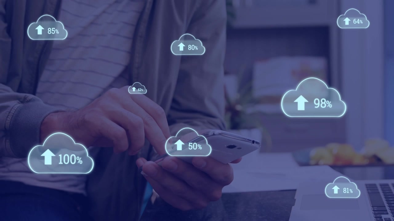 Animation of clouds and digital icons over man using smartphone