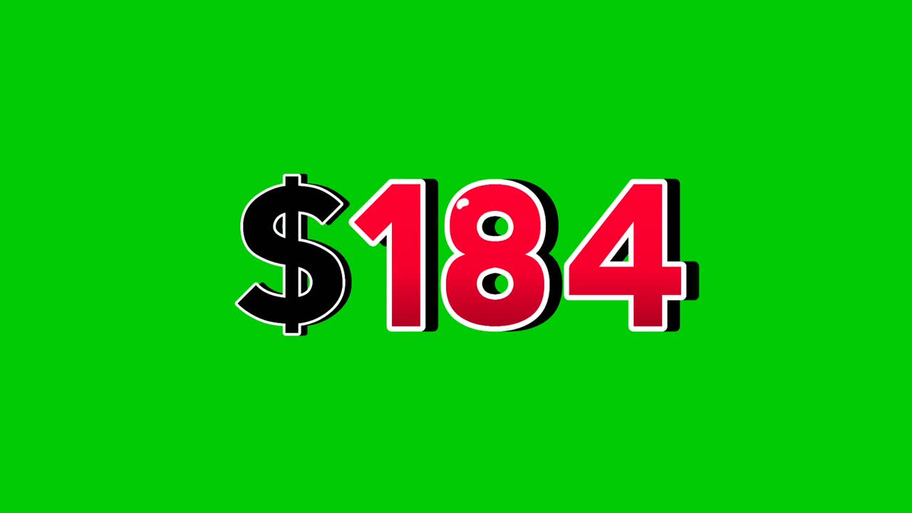 Animation number $184 dollar sign motion graphics with smoke effect green screen background vibrant red numbers. Video 3D effect with shadows for video elements business concept