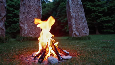 woman in green dress by ancient stones and campfire