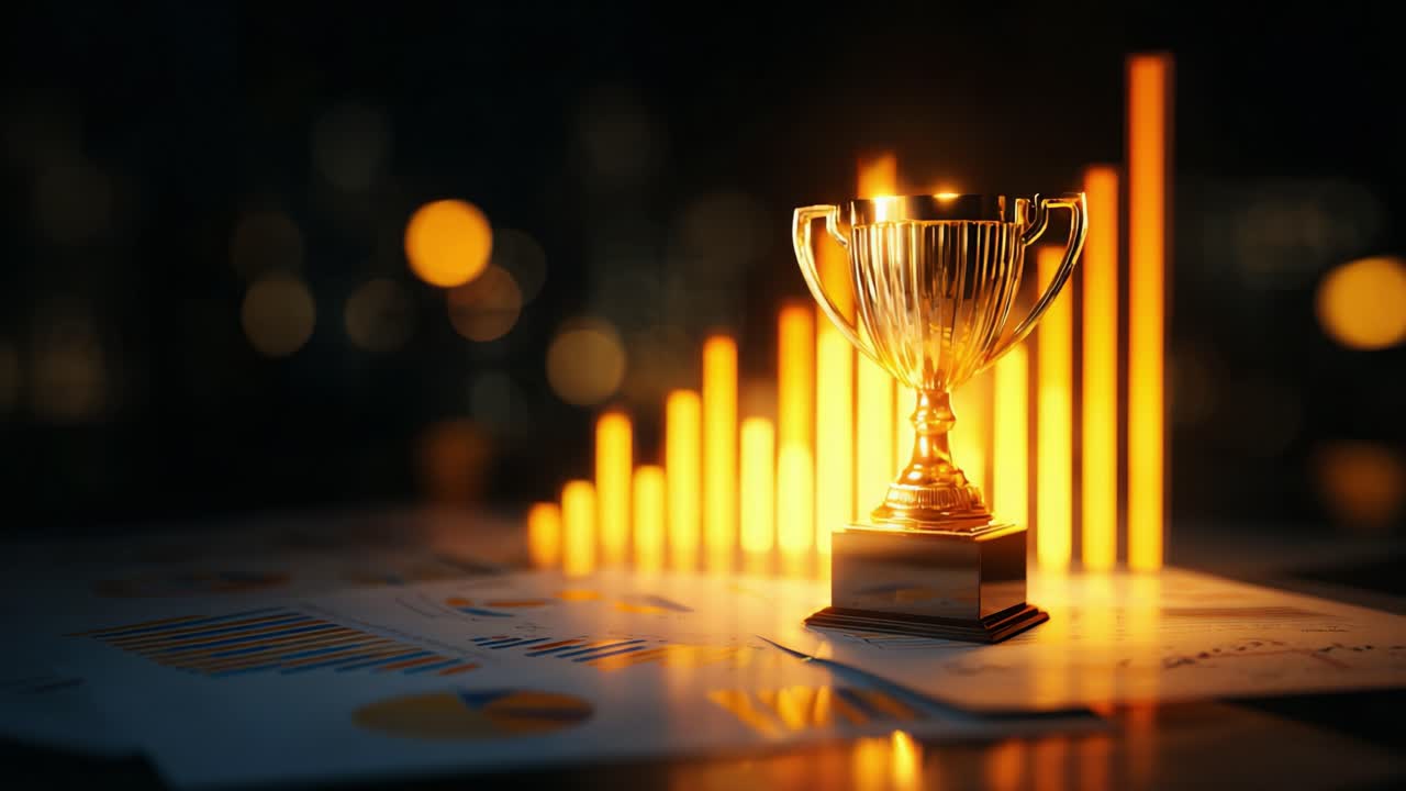 An Exquisite Golden Trophy Shines Brightly Amidst a Flourishing Background of Vibrant Financial Graphs and Charts, Signifying Achievement, Growth, and Success in Competitive Ventures and Endeavors
