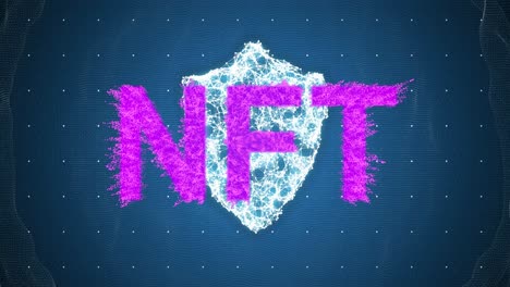 animación del banner de texto de nft sobre el icono del escudo de seguridad contra un fondo azul.