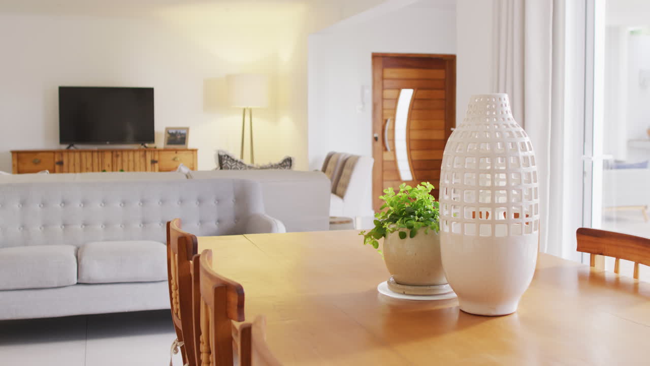 General view of living room and dining room interior with sofa and table