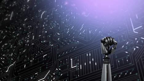 la mano del robot apretando el puño frente a la placa de circuito brillante