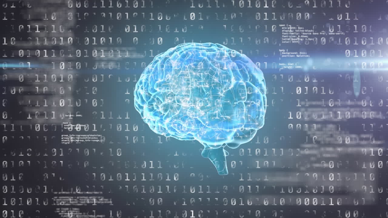 회색 배경에 회전하는 인간의 뇌와 이진 코딩 위에 파란 빛의 트레일의 애니메이션